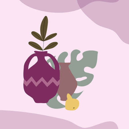 Trendy cards still life vase fruits abstract contemporary shape textures minimalism. Modern element design for banner, poster, social media templates. Vector illustration isolatedのイラスト素材