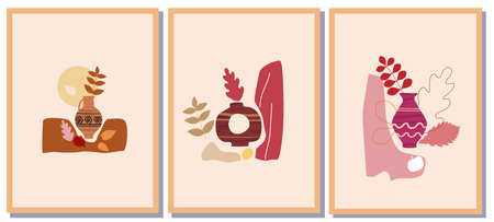 Set Autumn trendy card collage. Minimal shapes vase colour pastel flora. Template fall poster, banner vector illustration isolatedのイラスト素材