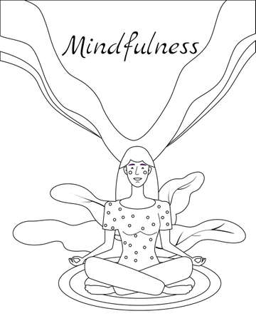 Mindfullness yoga meditation woman sit in the lotus position meditate. Mental calmness and self consciousness concept. Vector illustration isolated linear stileのイラスト素材