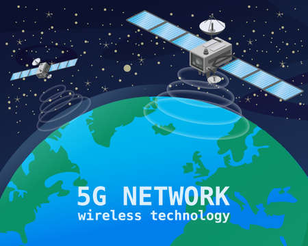 Global 5G internet network satellite communication. Satellites flying orbital upon Earth wireless technology smartphone isometryc. Vector isolated illustrationのイラスト素材