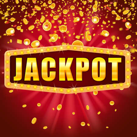 Jackpot Winner banner shining retro sign illuminated by spotlights falling coins and confetti. Lottery cazino vector illustration isolated bannerのイラスト素材