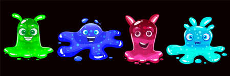 Set Slime jelli monsters characters, liquid green red cyan blue creatures. Funny cute cartoon vector illustration on black backgroundのイラスト素材