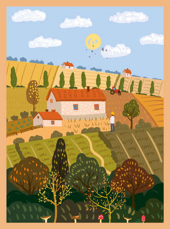Autumn countryside landscape farm fields. Fall rural rustic view, harvest, trees, hills yellow orange foliage. Vector illustration isolated poster banner card coverのイラスト素材