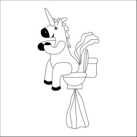 Unicorn smiling pooping a rainbow, fantasy cute character beast multicolored shit turd, lineart. Vector illustration isolated doodle styleのイラスト素材