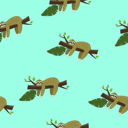 Cute sloth on tree. Seamless pattern with funny sloth, flowers, branch. Vector in the childish style isolatedのイラスト素材