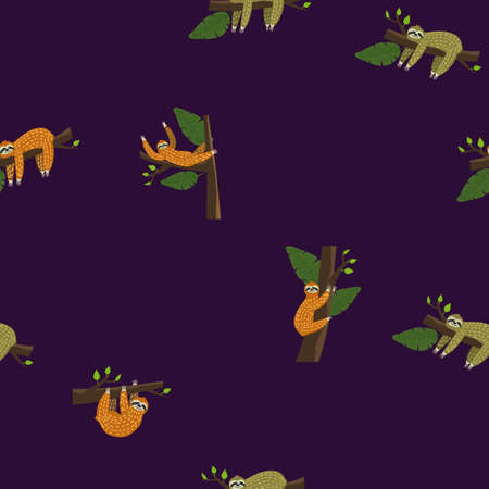 Cute sloth on tree. Seamless pattern with funny sloth, flowers, branch. Vector in the childish style isolatedのイラスト素材