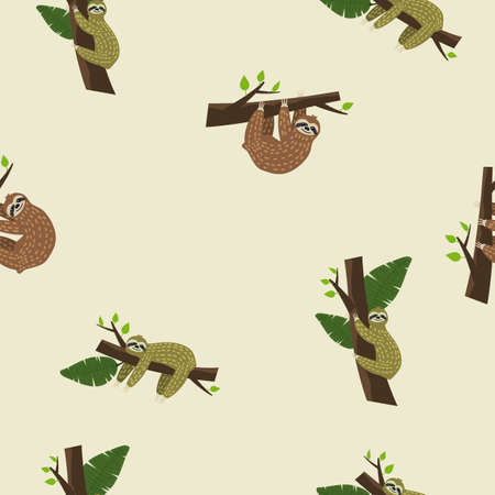 Cute sloth on tree. Seamless pattern with funny sloth, flowers, branch. Vector in the childish style isolatedのイラスト素材