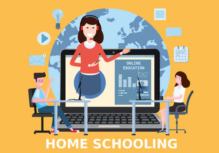 Home Schooling Online boy girl and teacher studying with computer. The concept of online learning at home, online test, distance learning. Vector illustration isolatedのイラスト素材