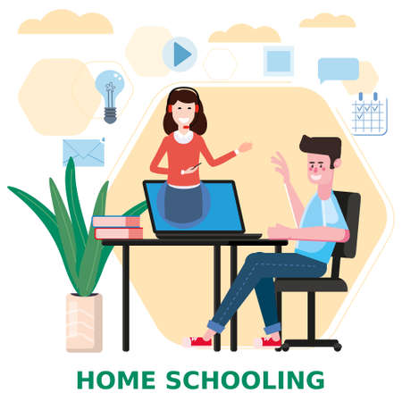 Online school boy studying with computer and books, smile. The concept of online learning at home, online test, distance learning. Vector illustration isolatedのイラスト素材