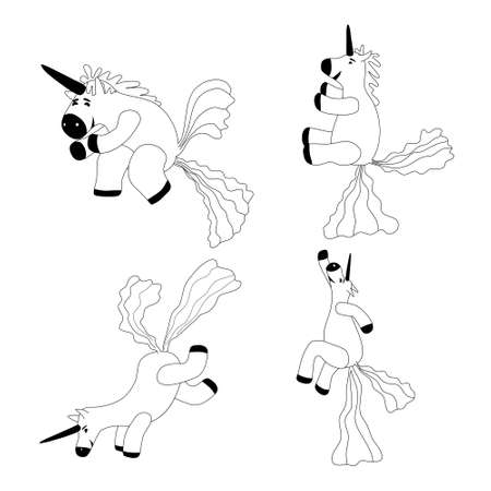 Set Unicorns smiling pooping a rainbow, fantasy cute character beast multicolored shit turd, lineart. Vector illustration isolated doodle styleのイラスト素材
