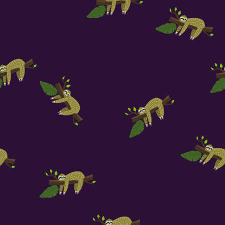Cute sloth on tree. Seamless pattern with funny sloth, flowers, branch. Vector in the childish style isolatedのイラスト素材
