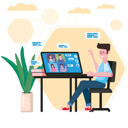 E-learning boy studying with computer and books, smile. The concept of online learning at home, online test, distance learning. Vector illustration isolatedのイラスト素材
