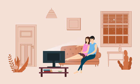 Stay Home. Loving couple watching TV or television set film, TV series, the broadcast on cozy sofa. Daily life of cute happy couple having fun at home. Vector cartoon flat illustration isolatedのイラスト素材