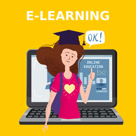 E-learning girl studying with computer and books, smile. The concept of online learning at home, online test, distance learning. Vector illustration isolatedのイラスト素材