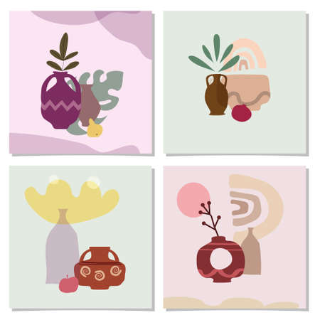 Set of card with exotic palm leaves and abstract vases. Trendy collage still life vase fruits abstract contemporary shape textures minimalismのイラスト素材