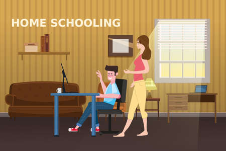 Home Schooling Online boy studying with computer and mother. The concept of E-learning at home, online test, distance learning. Vector illustration isolatedのイラスト素材