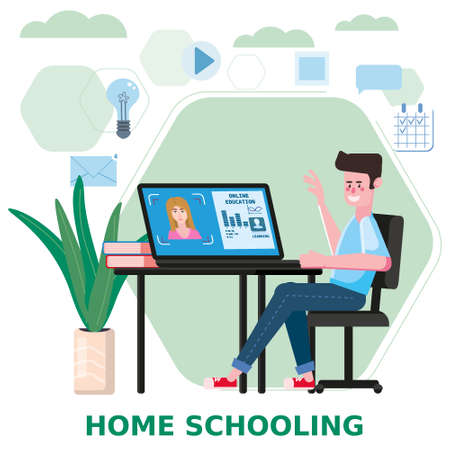 Online school boy studying with computer and books, smile. The concept of online learning at home, online test, distance learning. Vector illustration isolatedのイラスト素材