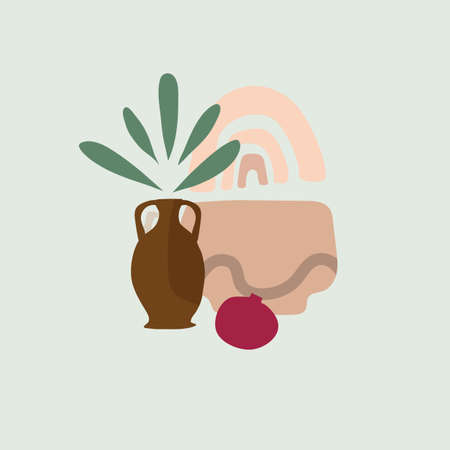 Trendy cards still life vase fruits abstract contemporary shape textures minimalism. Modern element design for banner, poster, social media templates. Vector illustration isolatedのイラスト素材