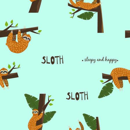 Cute sloth on tree. Seamless pattern with funny sloth, flowers, branch. Vector in the childish style isolatedのイラスト素材