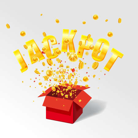 Jackpot Winner banner shining retro sign illuminated by spotlights falling coins and confetti. Lottery cazino vector illustration isolatedのイラスト素材