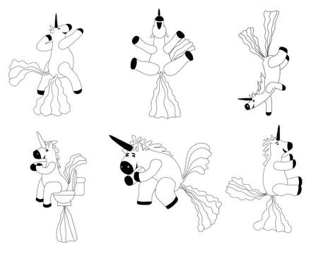 Set Unicorns smiling pooping a rainbow, fantasy cute character beast multicolored shit turd, lineart. Vector illustration isolated doodle styleのイラスト素材