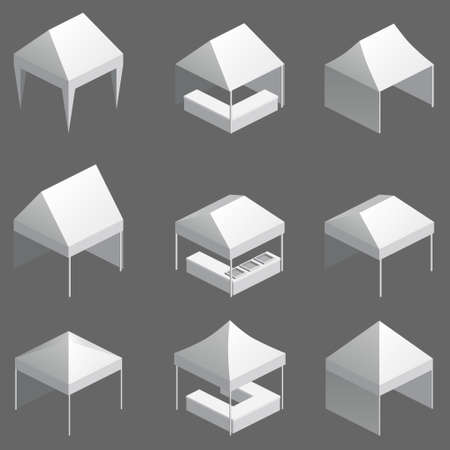 Set canopy tent trade event isometry, folding promotional outdoor advertising show pop-up . Template vector isolated illustrationのイラスト素材