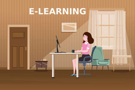 E-learning girl studying with computer and books, smile. The concept of online learning at home, online test, distance learning. Vector illustration isolatedのイラスト素材