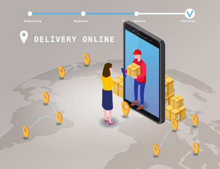 Delivery on Smartphone with online store, courier man delivers box parsel isometry. Internet Shopping and Online Delivery Concept. Isometric icons map Earth background.のイラスト素材
