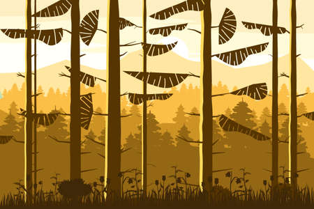 Forest coniferous trunks of fir trees silhouette, autumn, fall wood hills.のイラスト素材