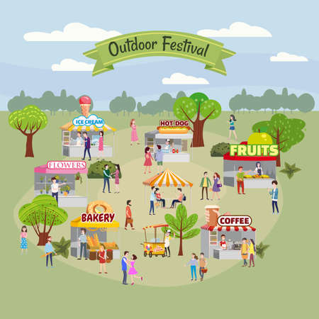 Seasonal Outdoor festival fair, market with food stalls, kiosks canopy, awnings, tents, ice cream, coffee, hot dog, flowers bakeryのイラスト素材