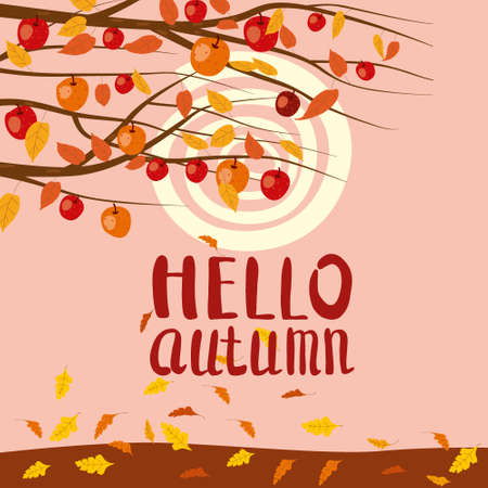 Hello Autumn landscape. Fall branches trees with yellow orange leaves, foliage, nature. isolated illustration banner poster cardのイラスト素材