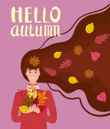 Girl cut and cheerful in a red sweater with autumn leaves. Lettering Hello Autumn, leaves yellow, orange. illustration card banner templateのイラスト素材