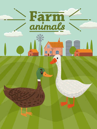 Duck and goose are farm animals. Rural landscape background. illustration cartoon styleのイラスト素材