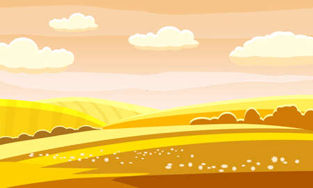 Autumn landscape rural hills meadows fields countryside. Yellow orange panorama horizon. illustration isolatedのイラスト素材