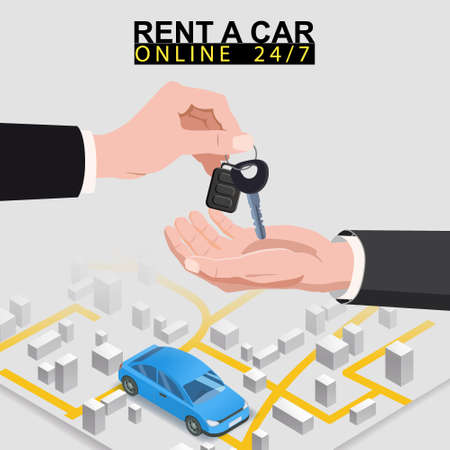 Car sharing isometric. Hand transfers car keys to another hand with city map route and points location blue carのイラスト素材