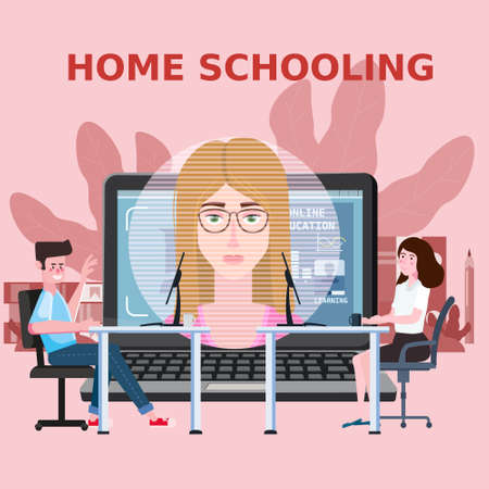 Home Schooling Online girl studying with computer and books, smile. The concept of online learning at home, online test, distance learning. illustration isolatedのイラスト素材