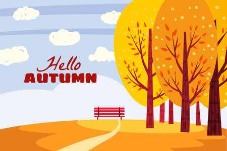 Hello Autumn landscape. Fall trees with yellow orange leaves, lonely bench for contemplation of autumn nature park. isolated illustrationのイラスト素材
