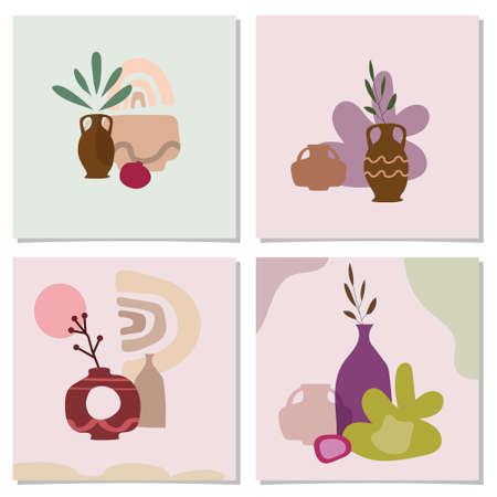 Set of card with exotic palm leaves and abstract vases. Trendy collage still life vase fruits abstract contemporary shape textures minimalismのイラスト素材