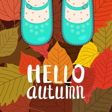 Women blue shoes on autumn leaves. Lettering Hello Autumn. Poster, banner illustration isolatedのイラスト素材