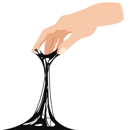 Sticky slime, reaching for stuck by the hand between fingers, white banner template. Glue Jelly The substance is sticky, tension, elasticity. Vector illustration cartoonのイラスト素材