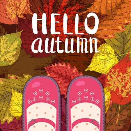 Women red shoes on autumn leaves. Lettering Hello Autumn. Poster, banner vector illustration isolatedのイラスト素材