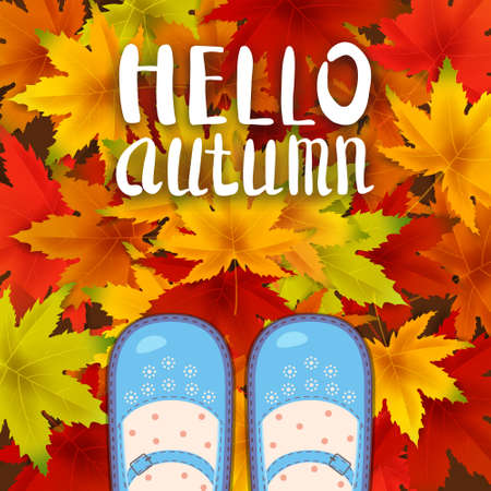 Women blue shoes on autumn leaves. Lettering Hello Autumn. Poster, banner vector illustration isolatedのイラスト素材