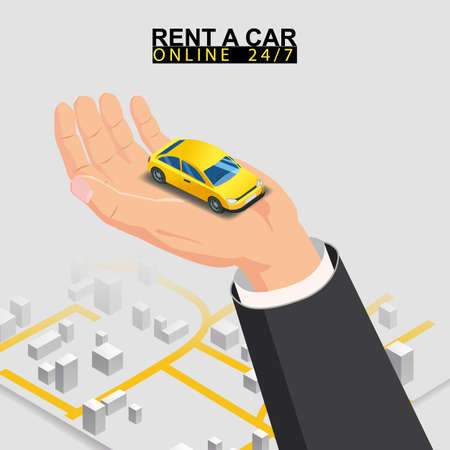 Car sharing isometric. Hand hold yellow car with city map route. Online mobile application order service. Vector illustration for car sharing service advertisement, promotionのイラスト素材