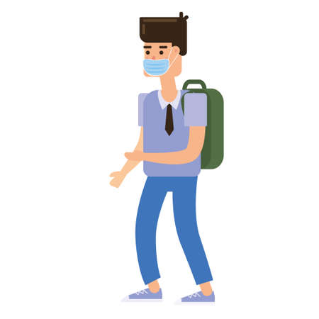 Pupil with protective mask on his face. Schoolboy in school to protect from COVID-19 coronavirus concept. Vector isolated illustrationのイラスト素材