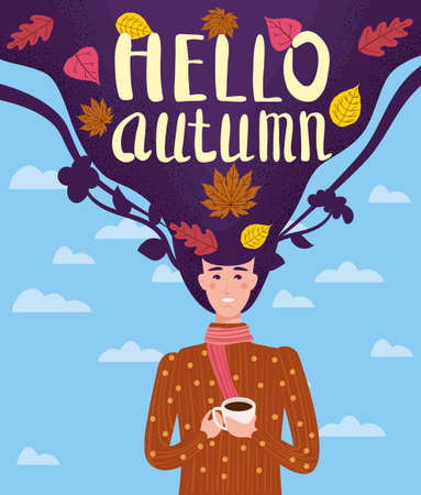 Girl cut and cheerful in a brown sweater drinks a cup of tea or coffee with autumn leaves. Lettering Hello Autumn, leaves yellow, orange. Vector illustration card banner templateのイラスト素材