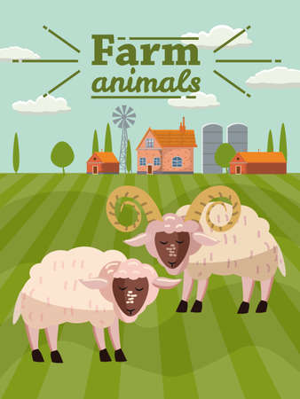 Sheep and ram are farm animals. Rural landscape background. Vector illustration cartoon styleのイラスト素材