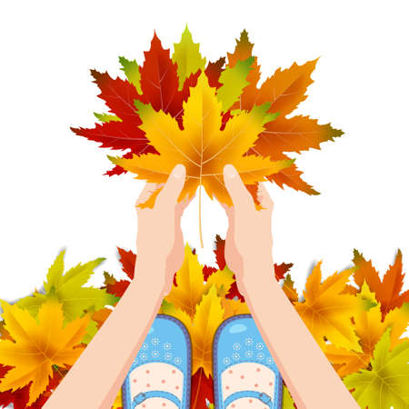 Women blue shoes on autumn leaves. Hands holding autumn leaves. Poster, banner vector illustration isolatedのイラスト素材