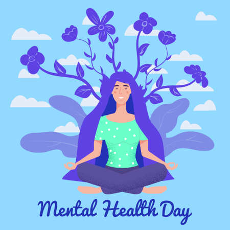 World Mental Health Day poster template. Yong woman sitting in yoga lotus pose relaxed. Vector illustration isolated conceptのイラスト素材