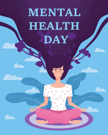 World Mental Health Day poster template. Yong woman sitting in yoga lotus pose relaxed. Vector illustration isolated conceptのイラスト素材