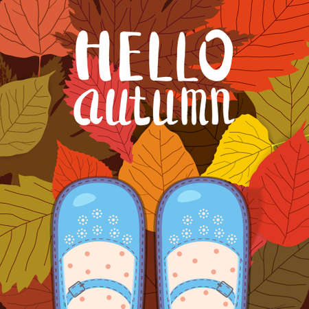 Women blue shoes on autumn leaves. Lettering Hello Autumn. Poster, banner vector illustration isolatedのイラスト素材